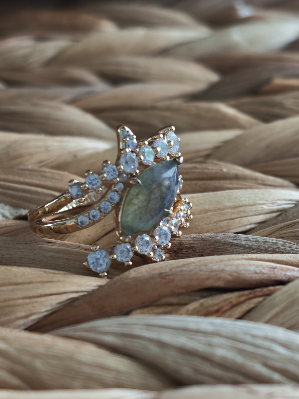 Bomb Party Genuine Gold Ring with Marquise Labradorite and White Cubic Zirconia